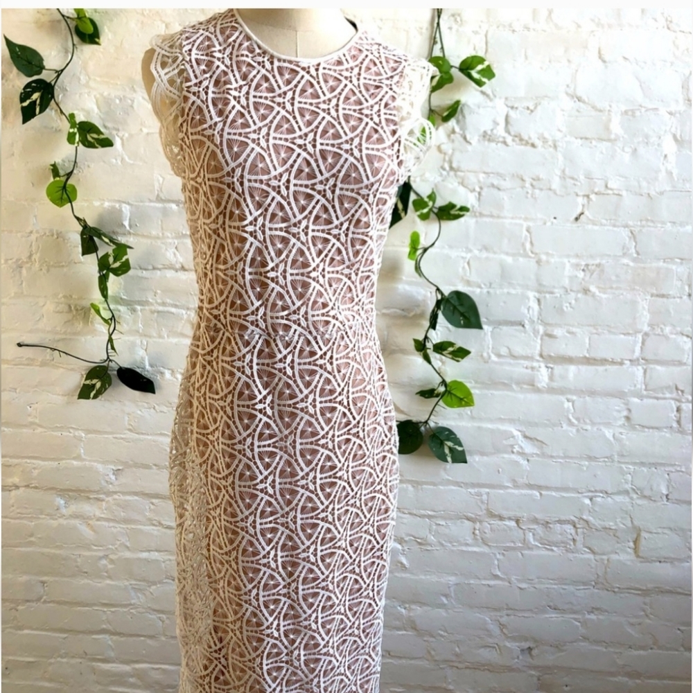 WOMEN'S ZARA WHITE "LACE" MIDI COCKTAIL DRESS SZ MEDIUM $120